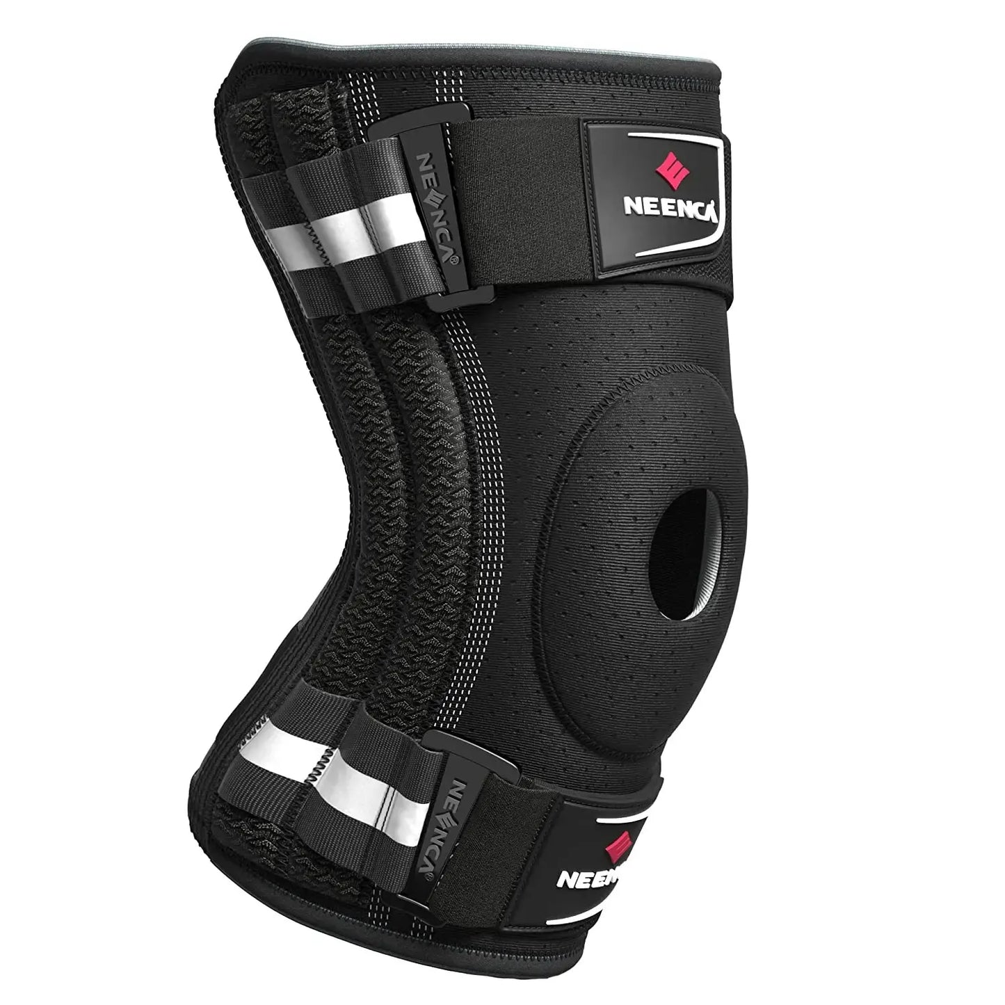 Black knee brace for pain relief with adjustable straps and open patella design for support and comfort