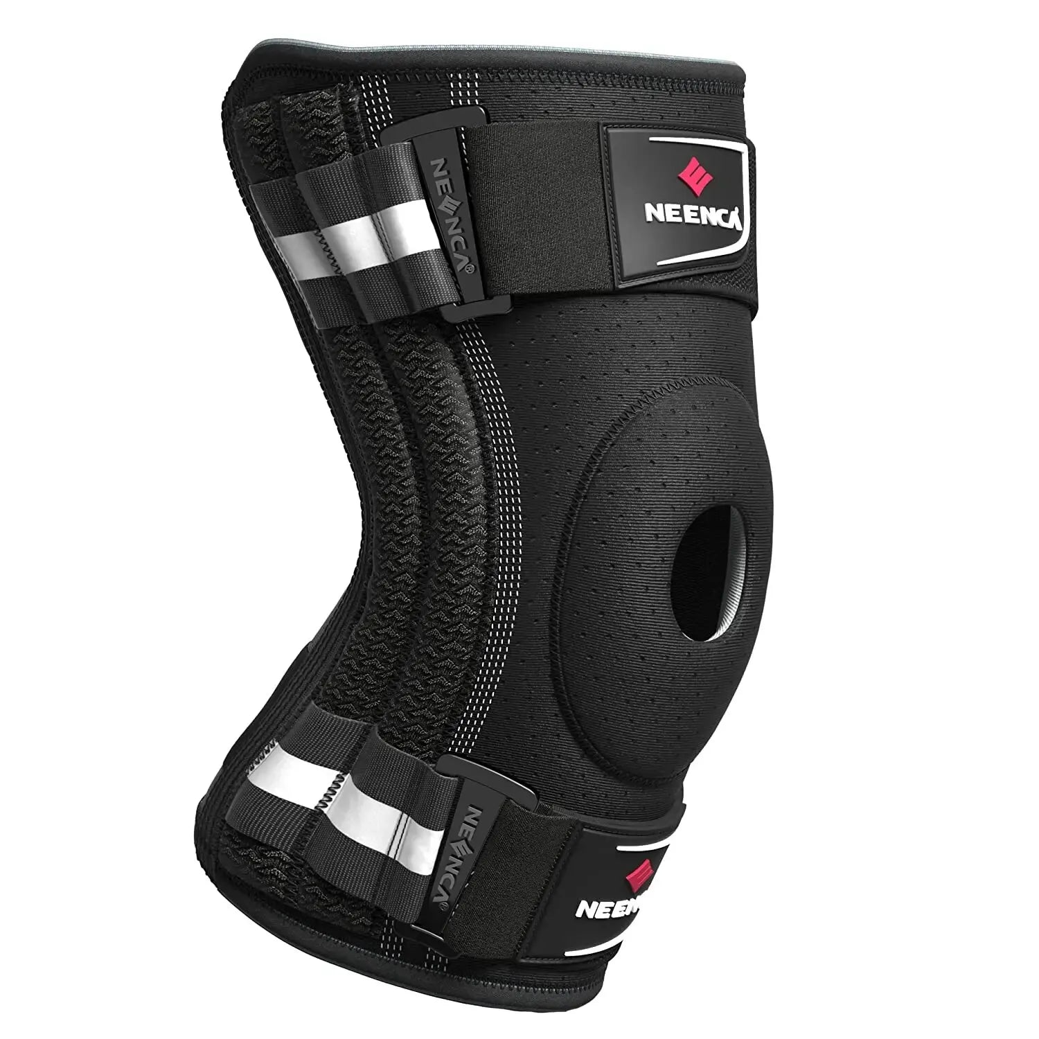 Black knee brace for pain relief with adjustable straps and open patella design for support and comfort