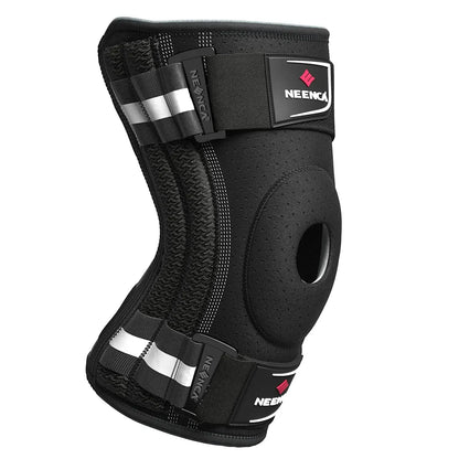 Black knee brace for pain relief with adjustable straps and open patella design for support and comfort