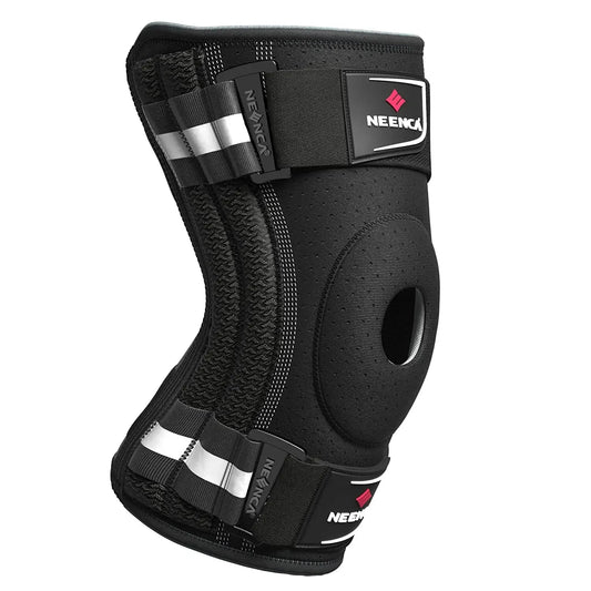 Black knee brace for pain relief with adjustable straps and open patella design for support and comfort