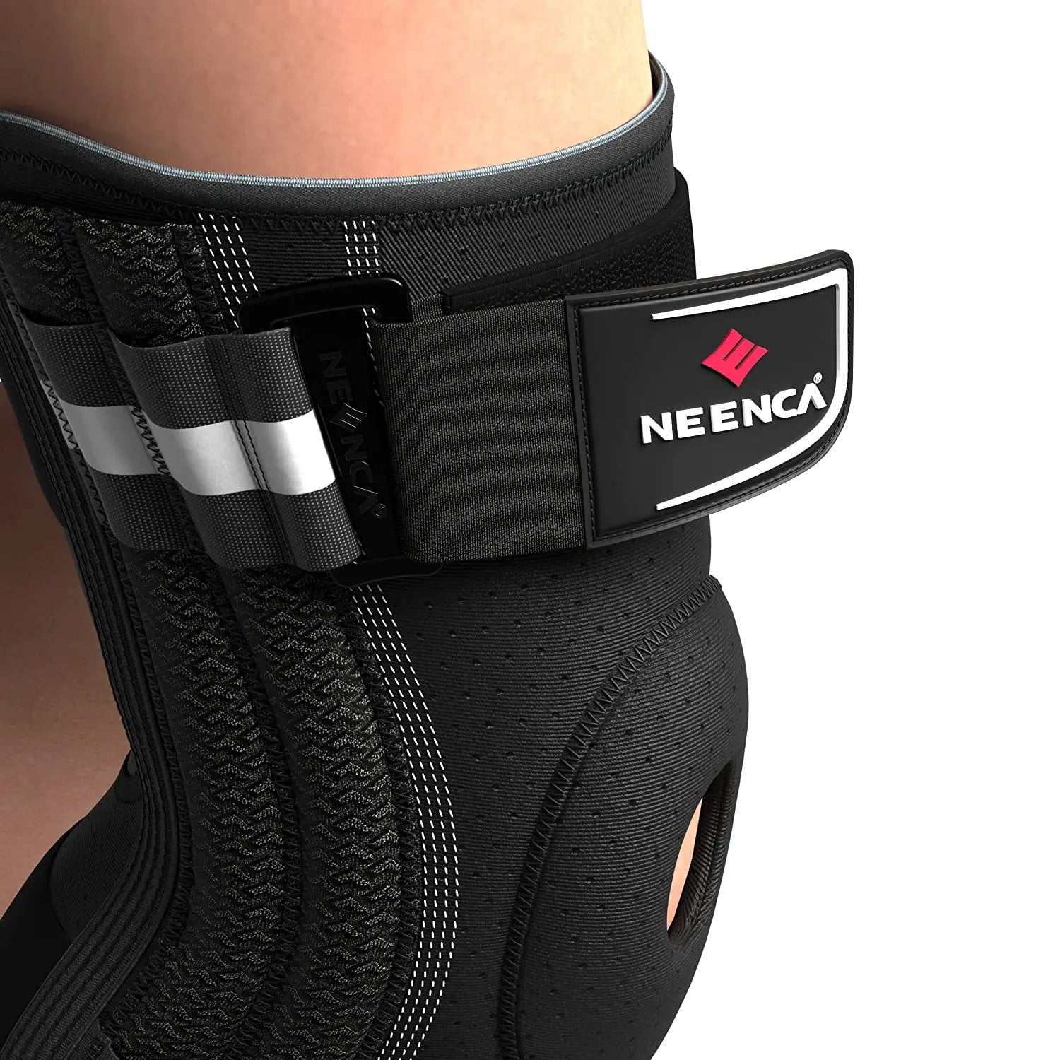 Black Neenca knee brace for pain relief with adjustable strap and breathable material on knee