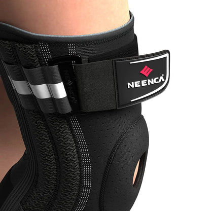Black Neenca knee brace for pain relief with adjustable strap and breathable material on knee