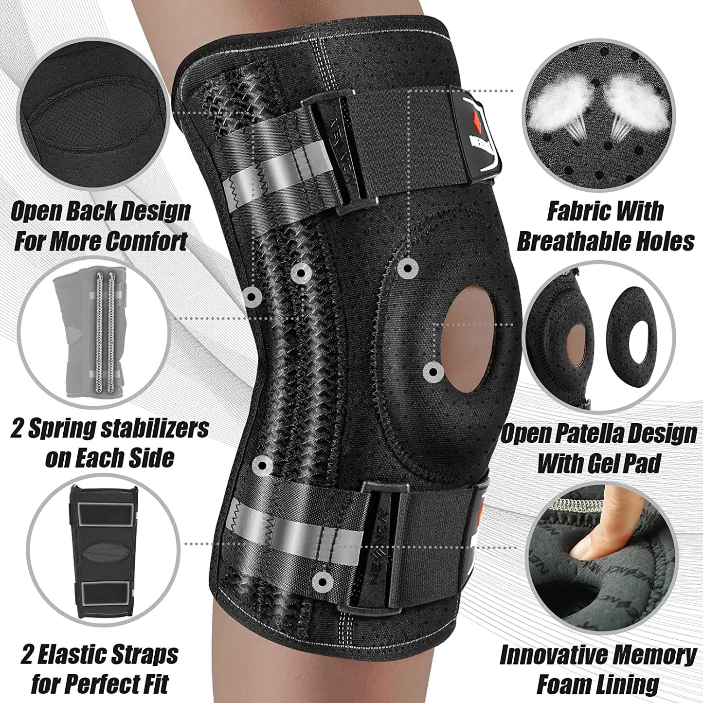 Black knee brace for pain relief with open patella design breathable fabric and spring stabilizers