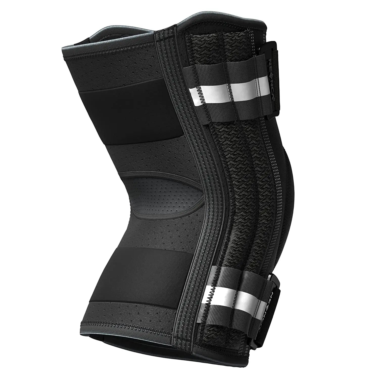 Black adjustable knee brace for pain relief with supportive straps and breathable fabric