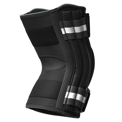 Black adjustable knee brace for pain relief with supportive straps and breathable fabric