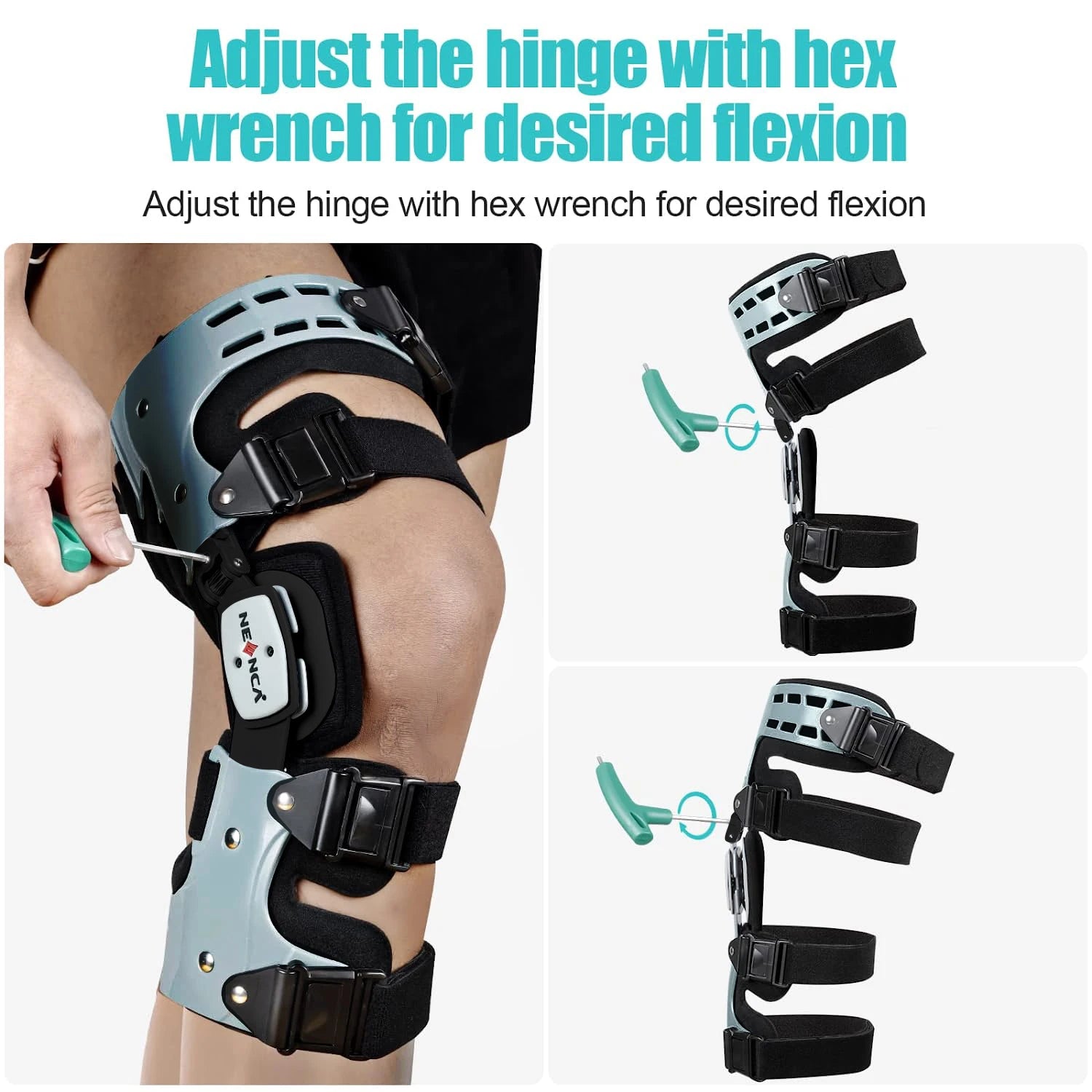 Adjustable unloader knee brace for arthritis pain with hex wrench for custom flexion support