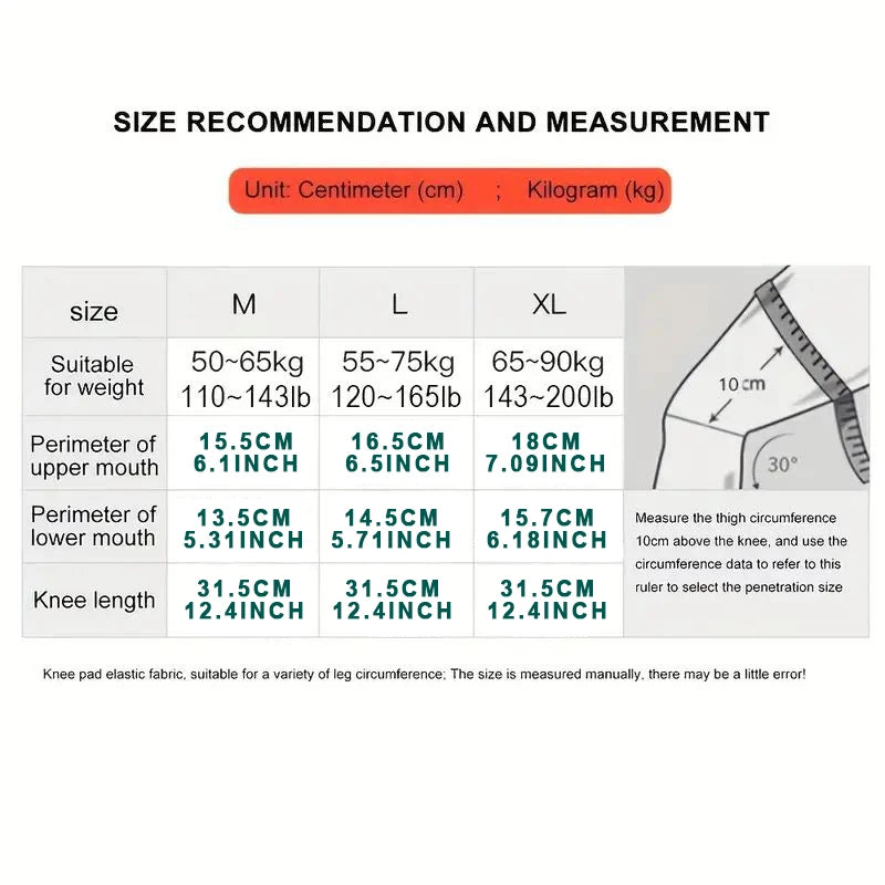 Size chart for non-slip knee support brace from Zorelie.co with measurements in centimeters and kilograms