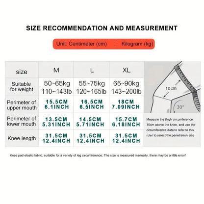 Size chart for non-slip knee support brace from Zorelie.co with measurements in centimeters and kilograms