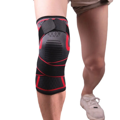 Black and red nylon sport knee brace worn on left leg for joint support and injury prevention