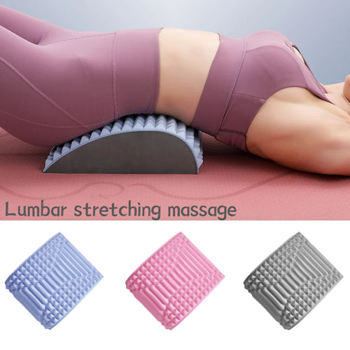 Orthopedic back stretcher pillow in blue pink and gray for lumbar stretching and massage support