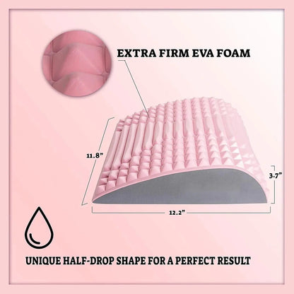 Pink orthopedic back stretcher pillow with extra firm EVA foam and unique half-drop shape
