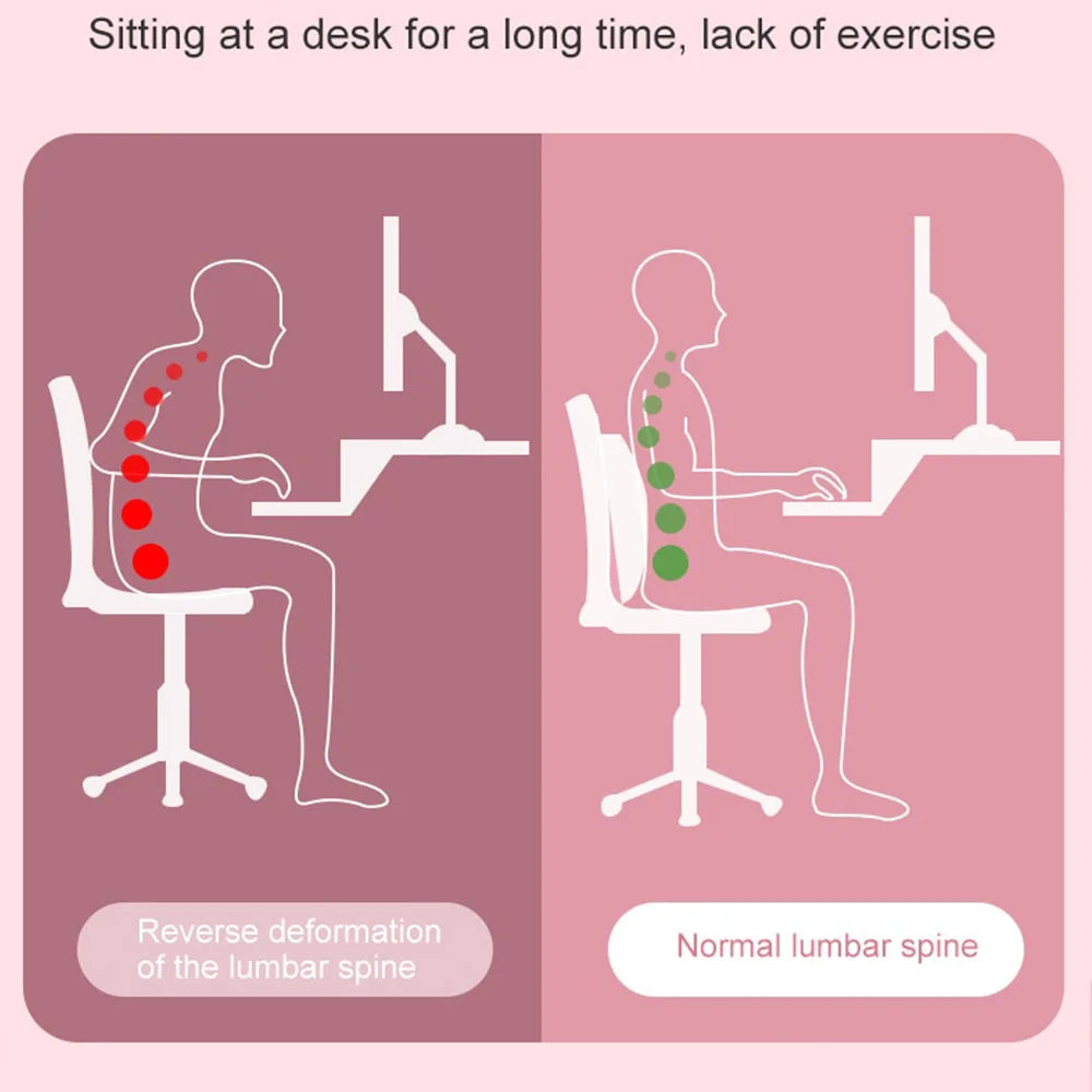 Illustration showing reverse lumbar spine deformation and normal lumbar spine from sitting, highlighting benefits of orthopedic back stretcher pillow