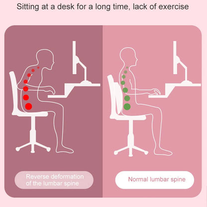 Illustration showing reverse lumbar spine deformation and normal lumbar spine from sitting, highlighting benefits of orthopedic back stretcher pillow