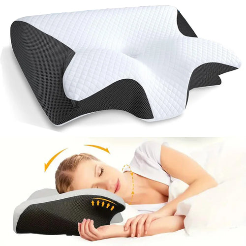 Orthopedic cervical memory foam pillow with ergonomic design and breathable black and white cover for neck support
