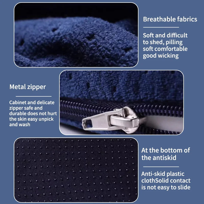 Close-up of breathable fabric, metal zipper, and anti-skid bottom of orthopedic donut pillow for tailbone pain