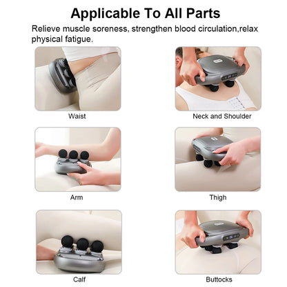 Zorelie.co high-frequency fascia massage gun used on waist, neck and shoulder, arm, thigh, calf, and buttocks for muscle relief