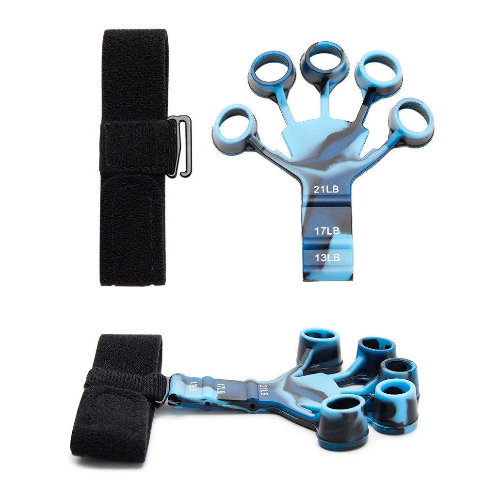 Blue and black finger gripper exerciser with adjustable resistances and black wrist strap