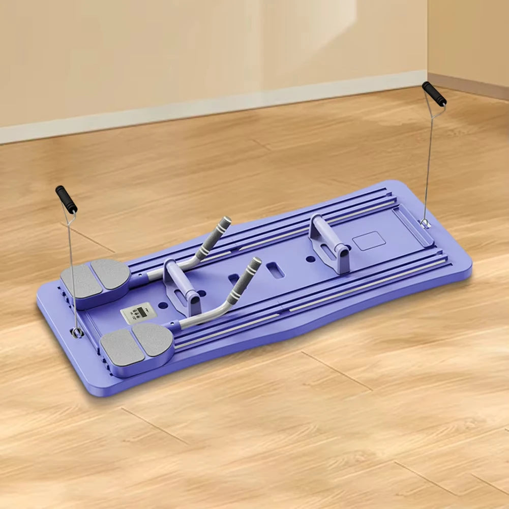 Zorelie.co foldable Pilates reformer board in purple with adjustable resistance straps on wooden floor