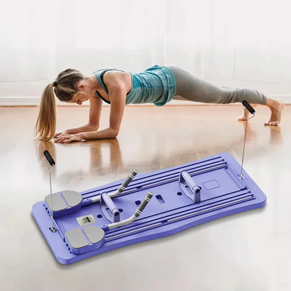 Zorelie.co foldable Pilates reformer board in purple shown on floor with woman exercising in background