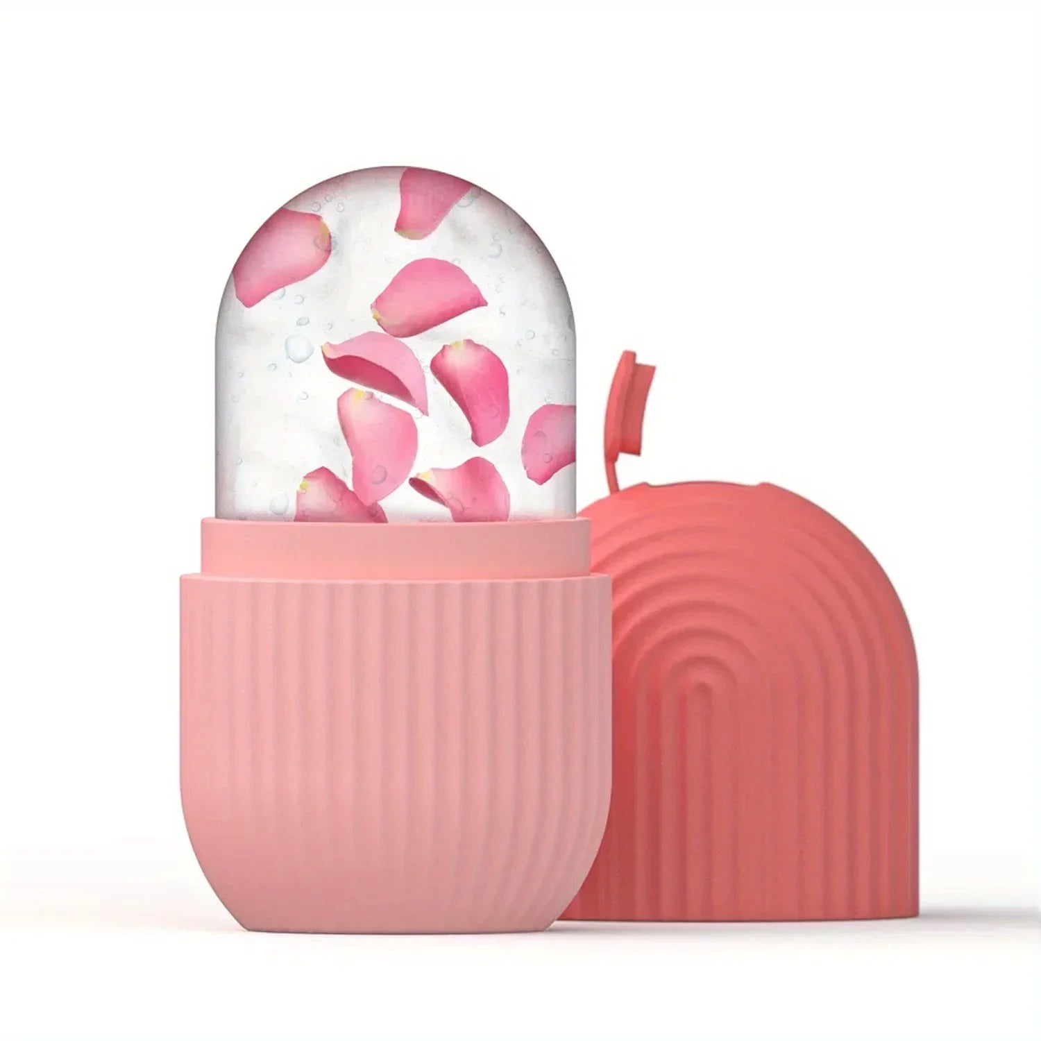 Zorelie.co pink ice roller for face and eyes with rose petals inside and a textured silicone case