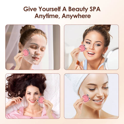 Women using portable facial massage roller for skincare and beauty spa treatments at home