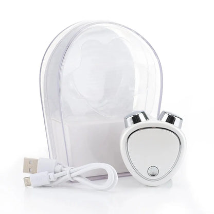 Zorelie.co portable facial massage roller with USB charging cable and transparent storage case