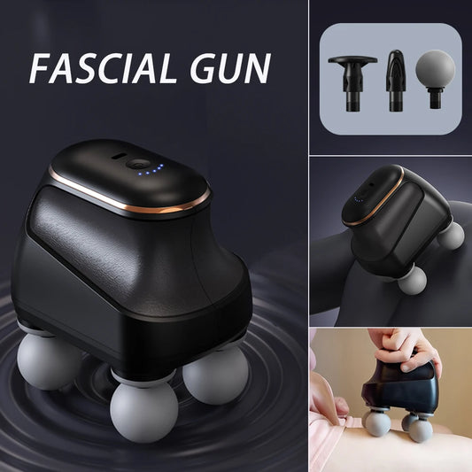 Zorelie.co portable fascia massage gun in black with multiple attachments and four massage balls