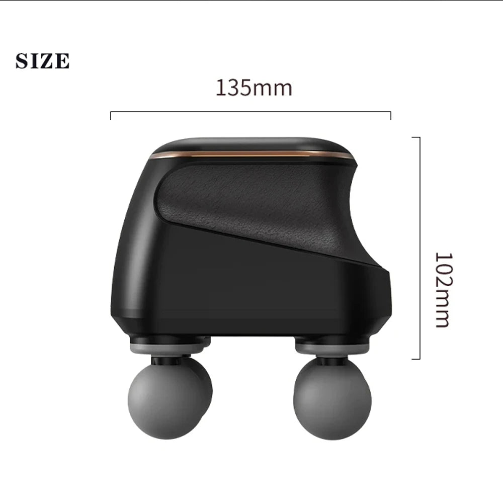 Black portable fascia massage gun measuring 135mm by 102mm with dual massage heads