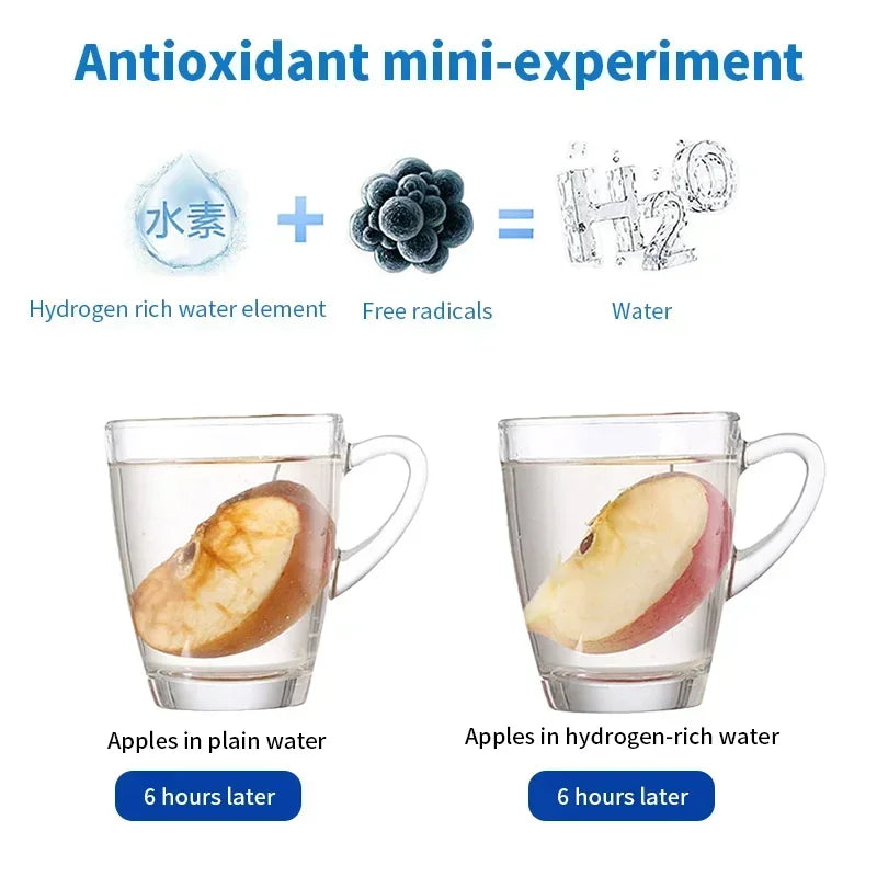Antioxidant mini-experiment showing apple slices in plain water and hydrogen-rich water after 6 hours with portable hydrogen water bottle