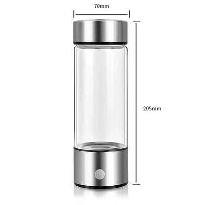 Zorelie.co portable hydrogen water bottle with clear glass body and stainless steel lid and base