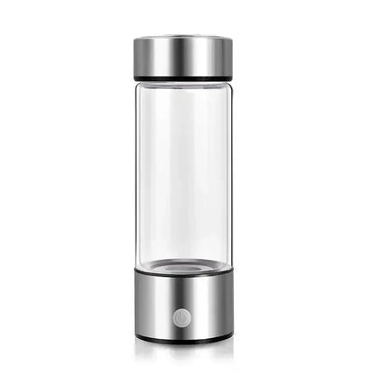 Zorelie.co sleek portable hydrogen water bottle with stainless steel base and transparent body