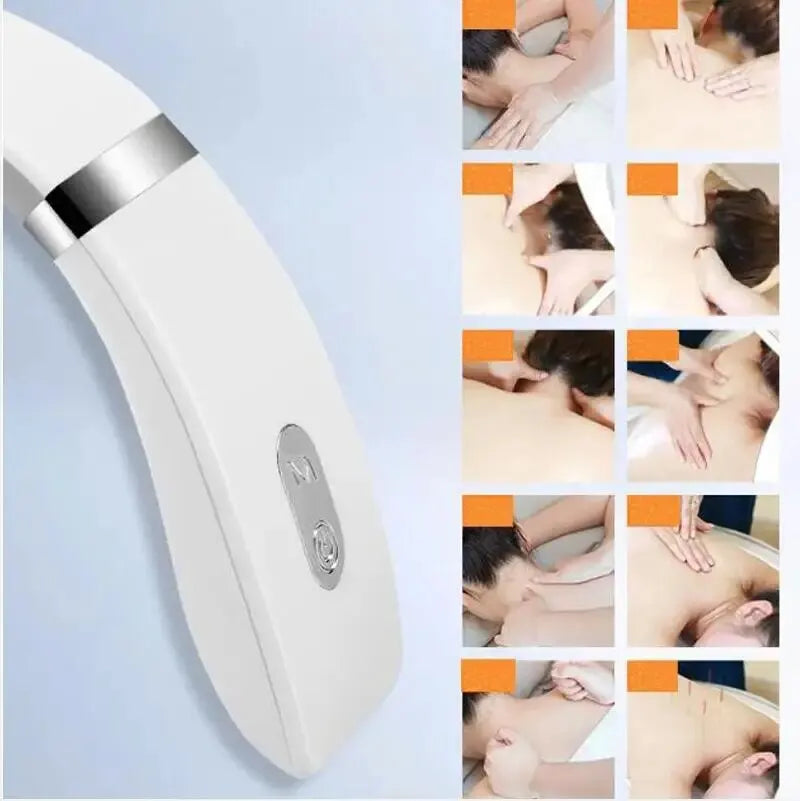 Zorelie.co portable neck and shoulder massager in white with control buttons and massage therapy images