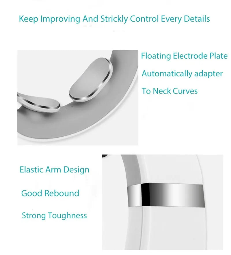Close-up of the portable neck and shoulder massager showing floating electrode plate and elastic arm design