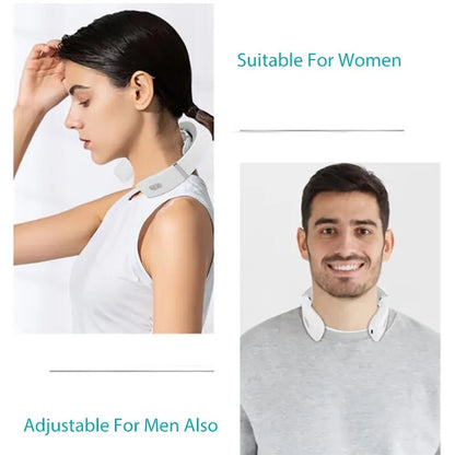 Portable neck and shoulder massager worn by woman and man showing adjustable fit for both