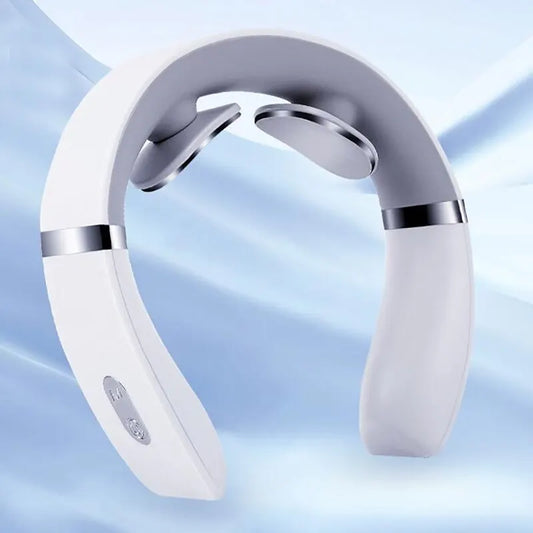 White portable neck and shoulder massager with ergonomic design and control buttons