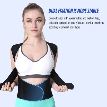 Zorelie posture corrector and back support brace with adjustable dual fixation straps on woman