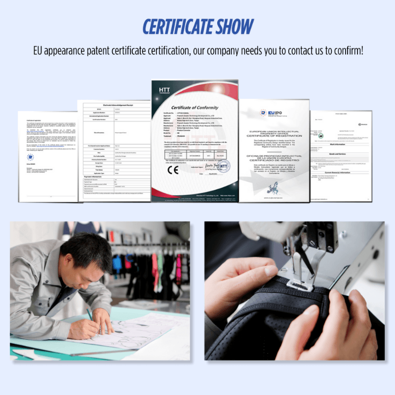 Zorelie EU appearance patent certificates with designer drawing and sewing close-up for product quality