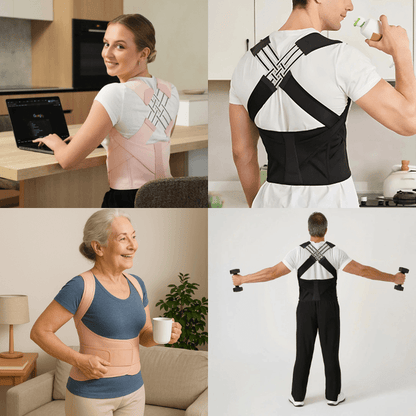 Zorelie posture corrector braces for men and women in black and pink, supporting back and shoulders during daily activities