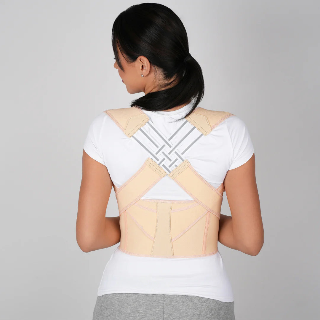 Zorelie beige posture corrector worn by woman to support back and shoulders