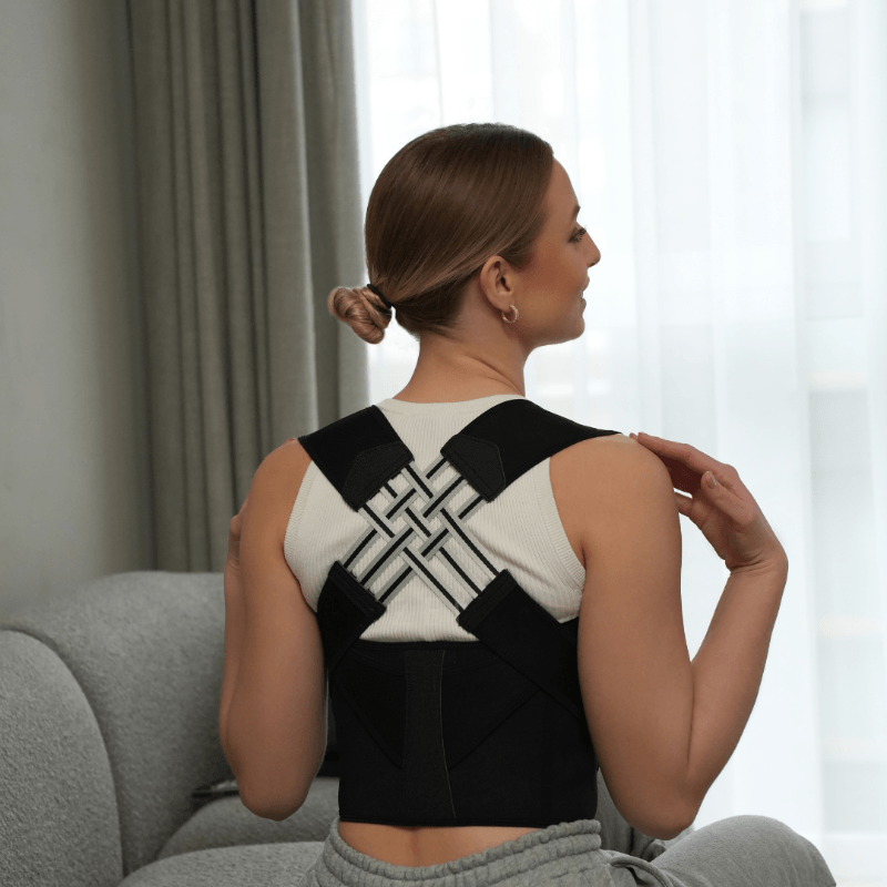 Zorelie black posture corrector worn by woman over white tank top sitting on gray couch