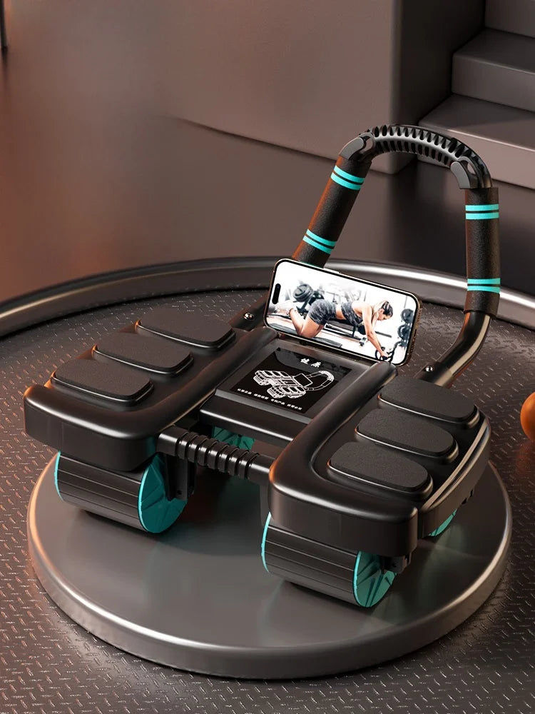 Zorelie.co black and teal ab roller with push-up bars and phone holder for core workouts