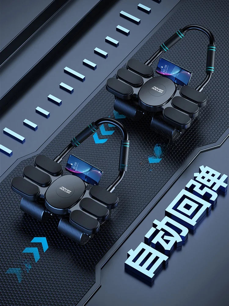 Zorelie.co automatic rebound push-up bars with ergonomic handles and phone holder on futuristic surface