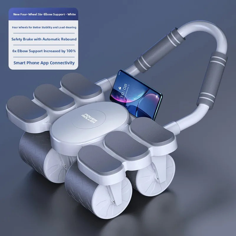 Zorelie.co six-wheel abdominal roller with ergonomic handle and smartphone app connectivity for core workouts