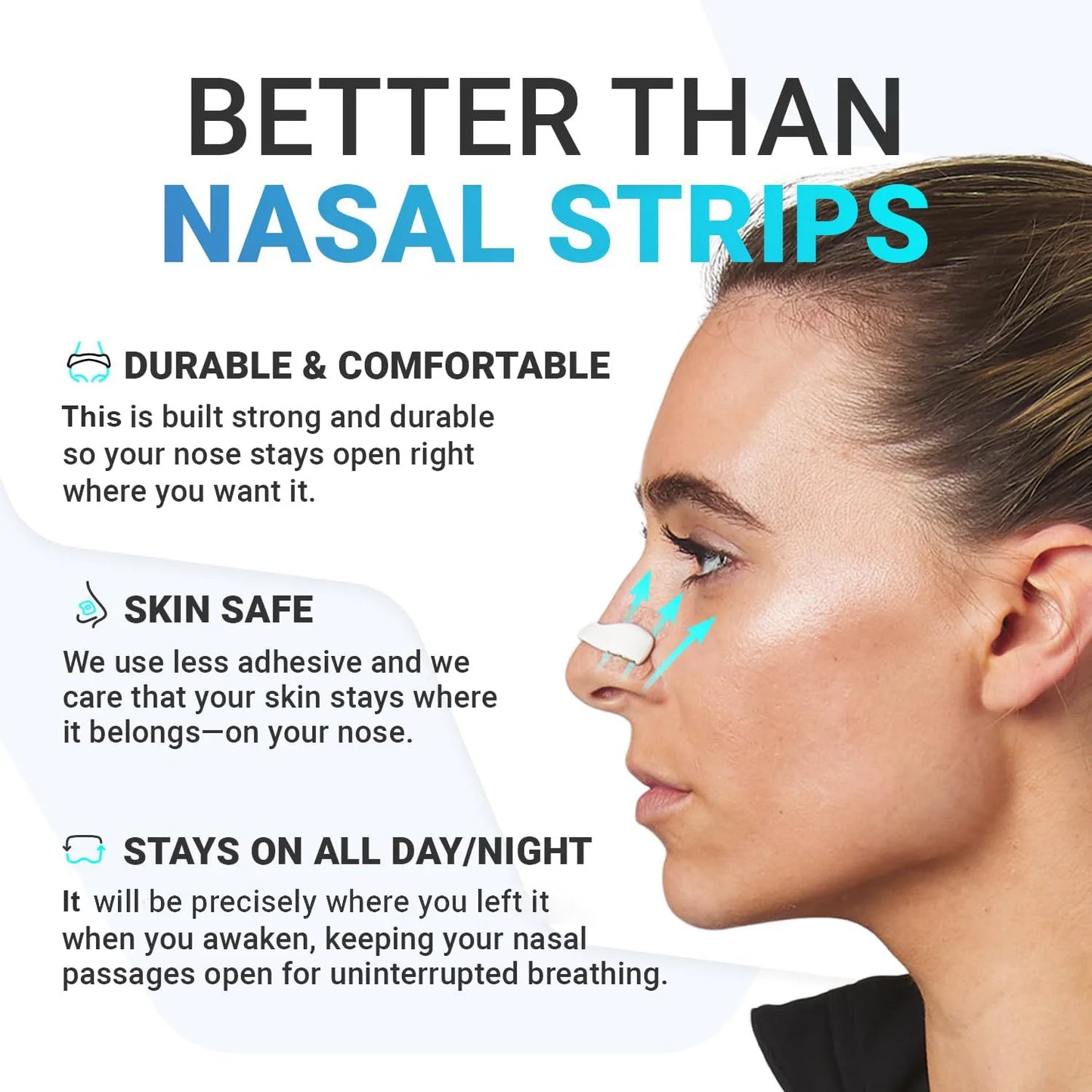 Magnetic nasal dilator for snoring worn on nose showing better alternative to nasal strips for open nasal passages