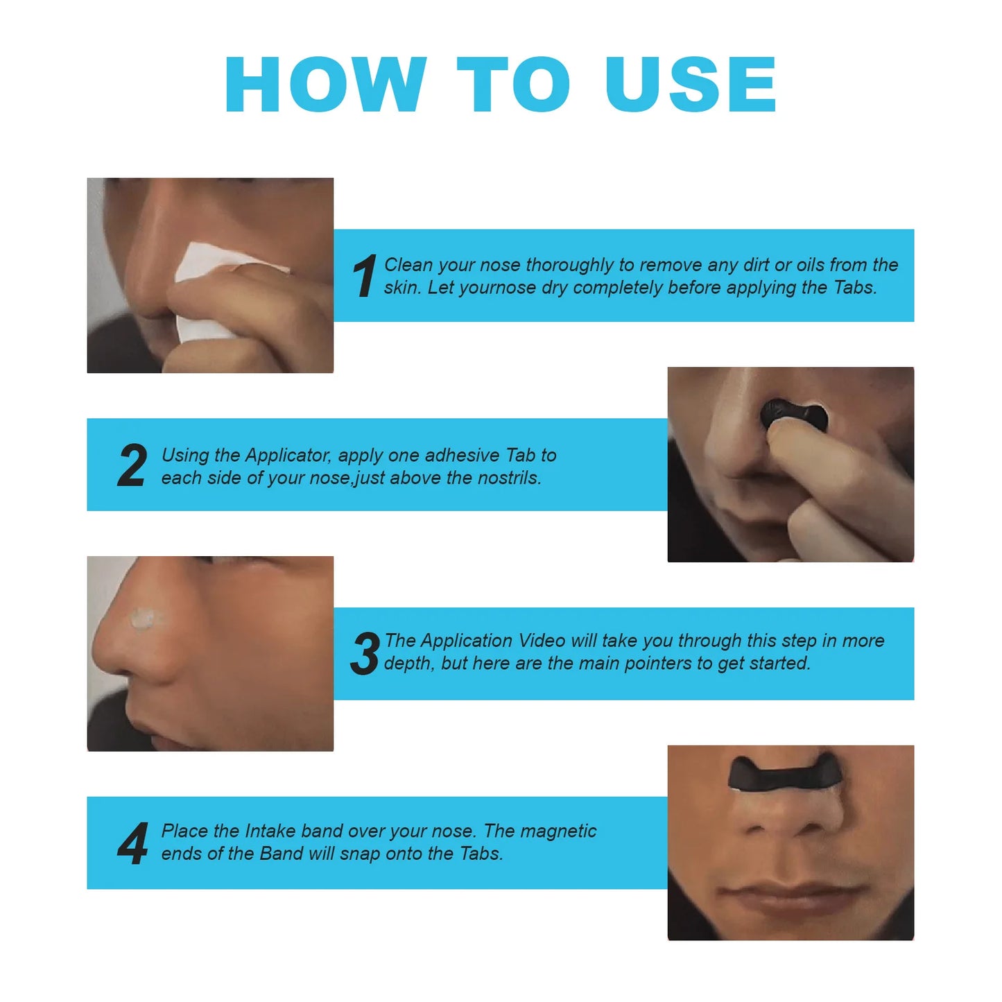 Step-by-step guide showing how to apply magnetic nasal dilator for snoring on a person's nose