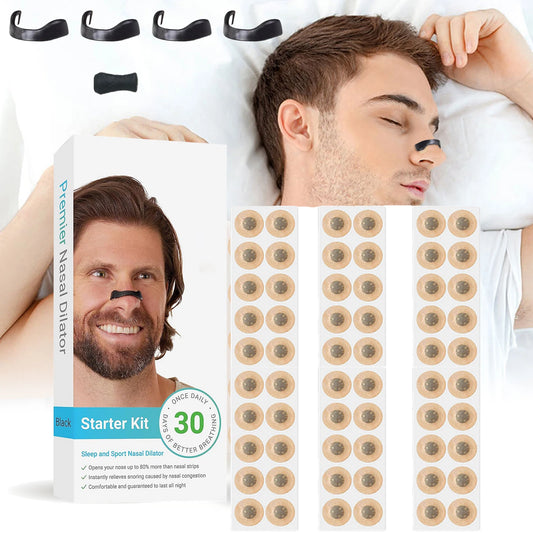 Zorelie.co magnetic nasal dilator for snoring starter kit with black nasal strips shown on a man sleeping