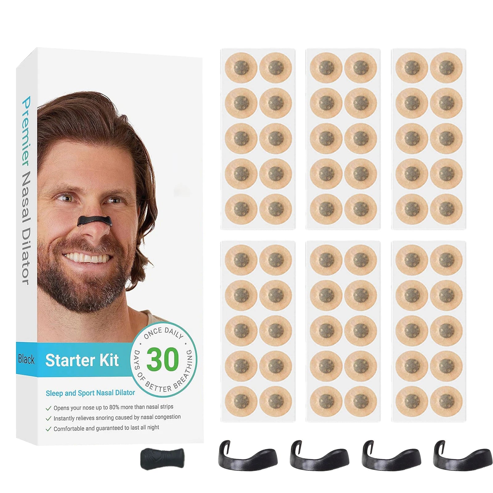 Zorelie.co magnetic nasal dilator for snoring starter kit with multiple adhesive patches and black nasal dilators