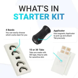 Magnetic nasal dilator for snoring starter kit with 4 bands, applicator, and 15 or 30 tabs for sensitive skin