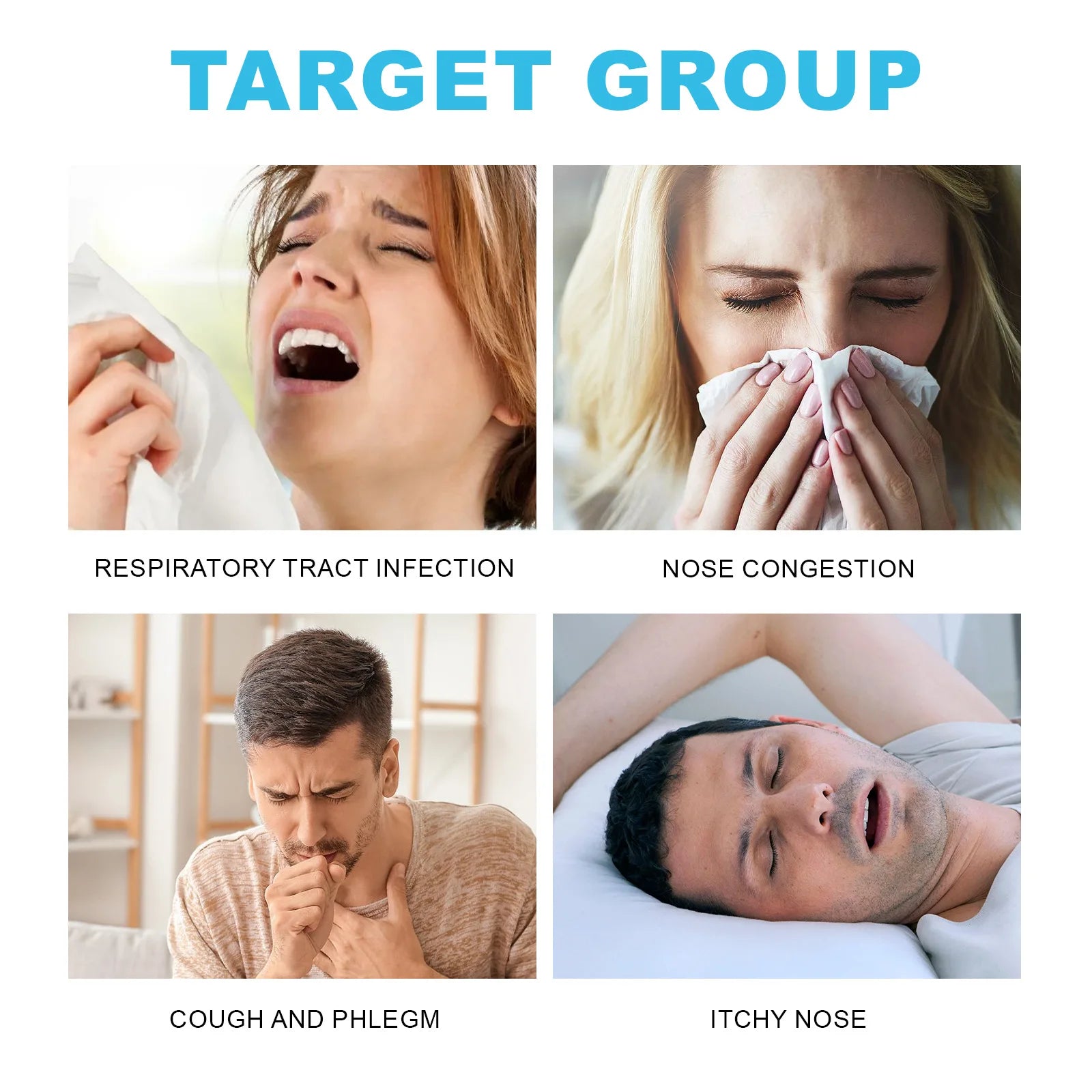 Target group for magnetic nasal dilator for snoring including respiratory tract infection, nose congestion, cough and phlegm, and itchy nose