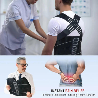 Premium posture corrector for back pain relief worn by man with healthcare professional assisting